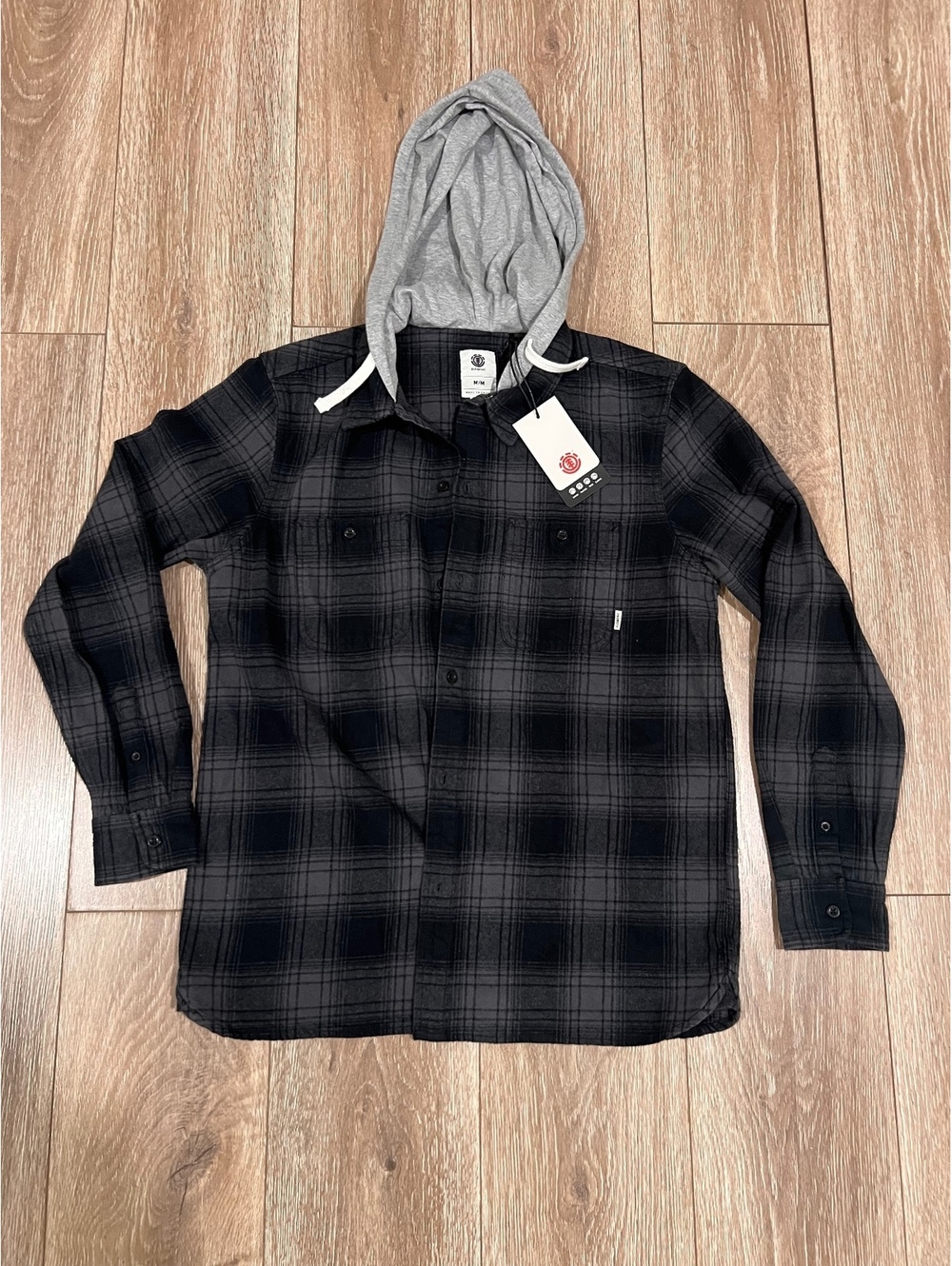 Element Men's Black and Gray Plaid Hooded Flannel Shirt Medium NEW!
